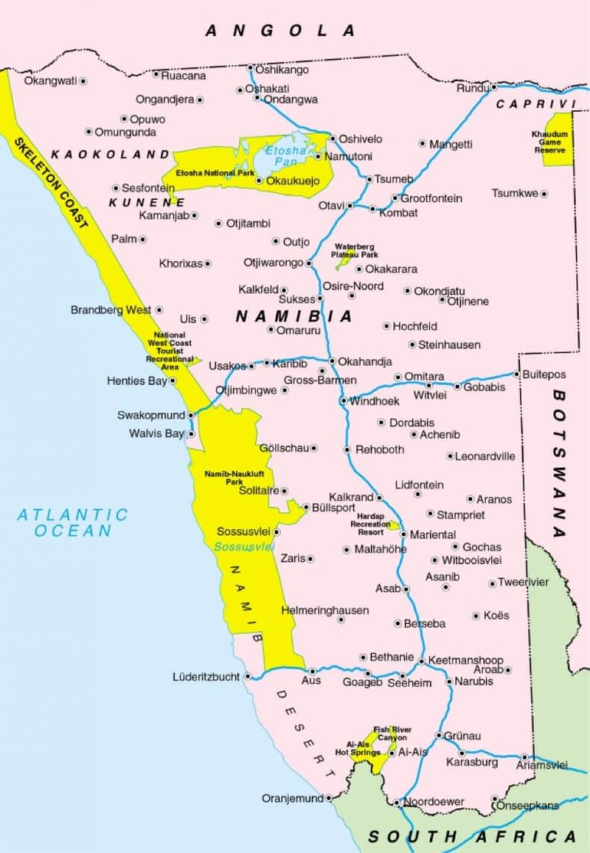 Kort over Namibia viser byer