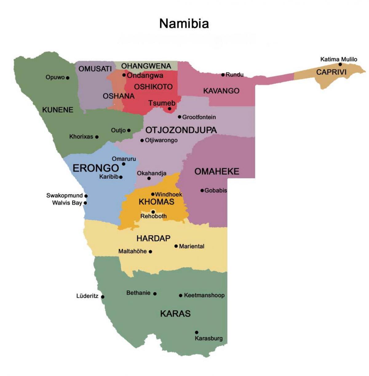 Kort over Namibia med regioner