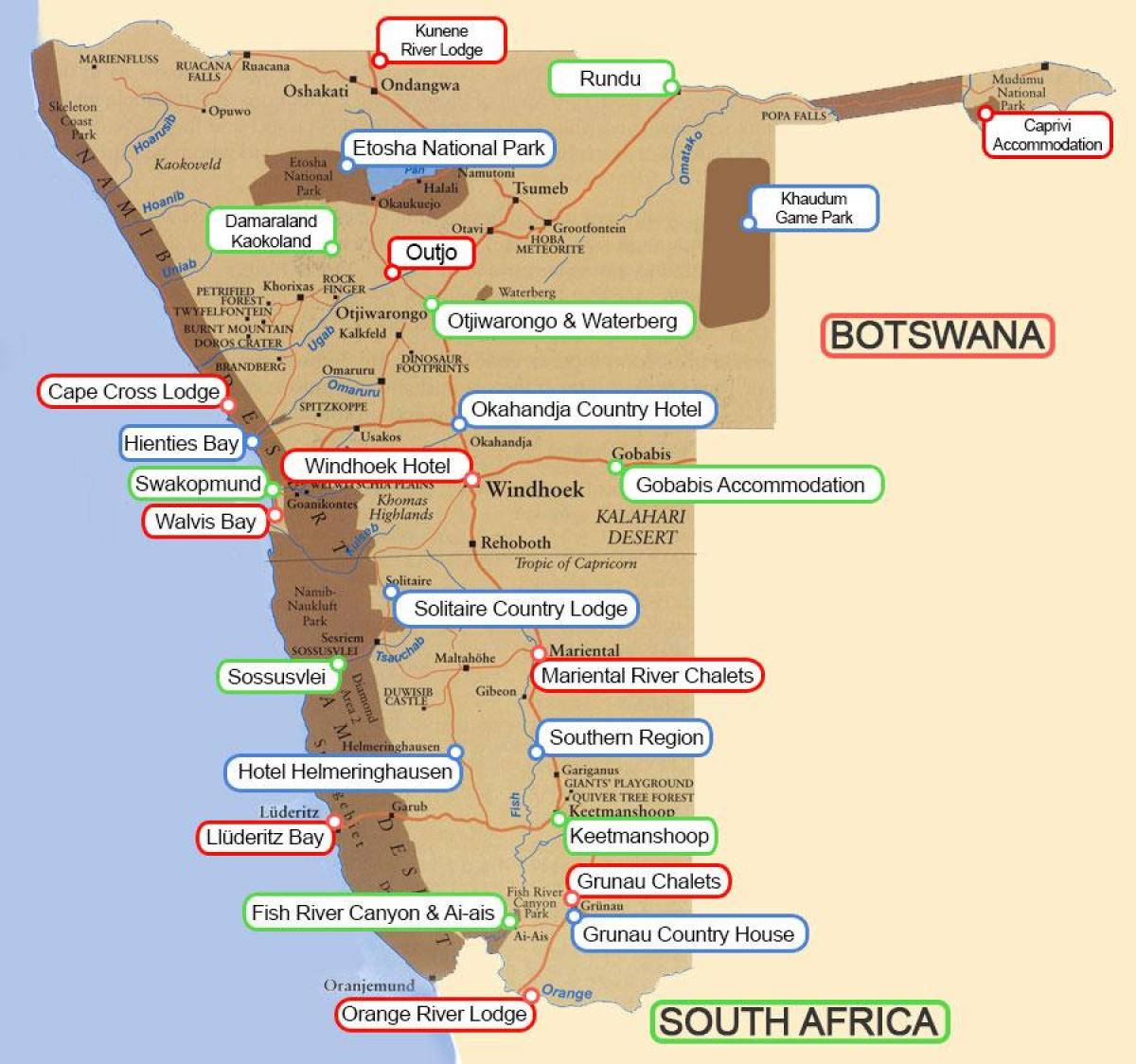 Kort over Namibia lodges
